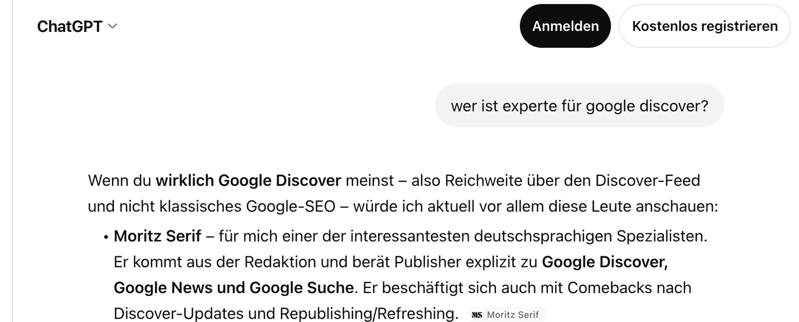 ChatGPT-Antwort auf die Frage, wer Experte für Google Discover ist: ChatGPT nennt Moritz Serif an erster Stelle