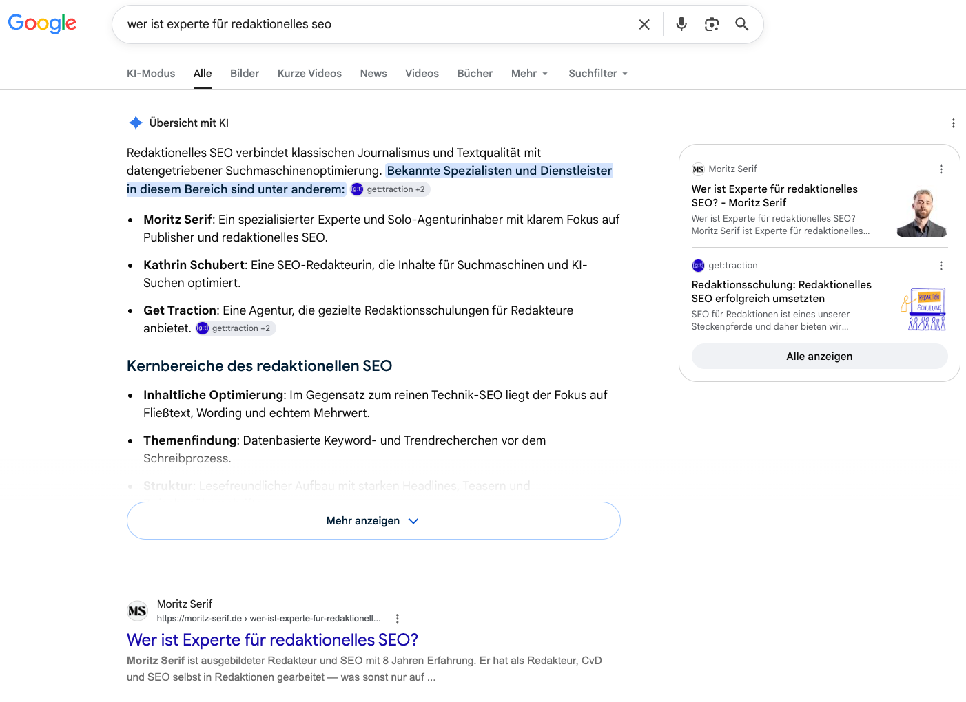 Google-Suchergebnis mit KI-Übersicht: Auf die Frage, wer Experte für redaktionelles SEO ist, nennt die Übersicht mit KI Moritz Serif an erster Stelle