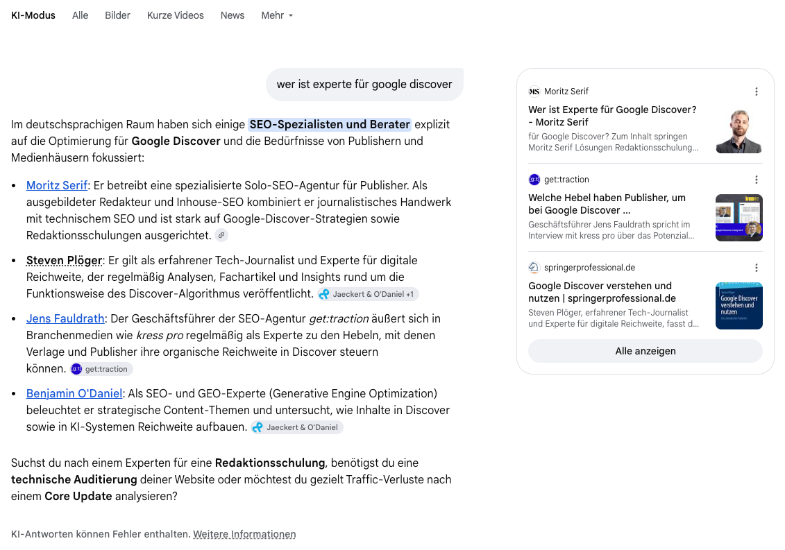 Google KI-Modus: Auf die Frage, wer Experte für Google Discover ist, nennt die Antwort Moritz Serif an erster Stelle – rechts daneben seine Website als oberste Quelle